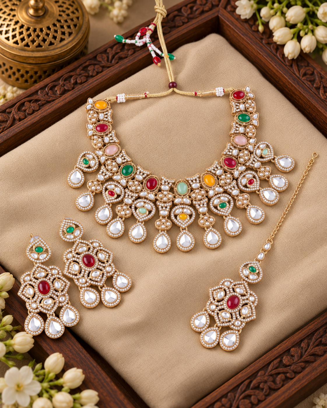 Multi Kashmira Kundan Zircone Necklace With Teeka & Earring