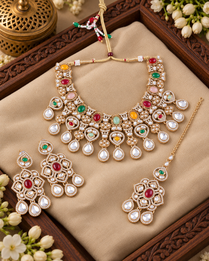 Multi Kashmira Kundan Zircone Necklace With Teeka & Earring