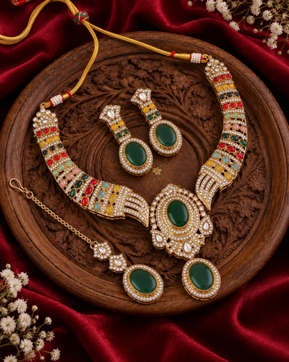 Multi Saumili Premium Sabya Inspired Necklace Set with Earring & Teeka