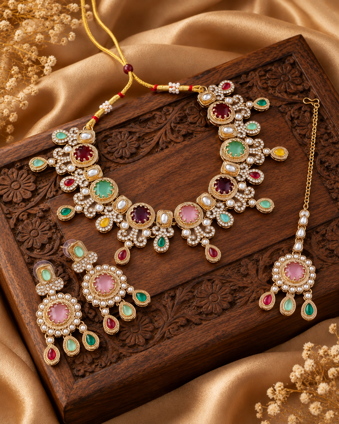 Multi Aavriti Premium Sabya Inspired Necklace Set with Earring & Teeka