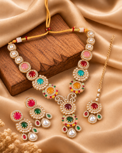 Multi Suvarnika Premium Sabya Inspired Necklace Set with Earring & Teeka