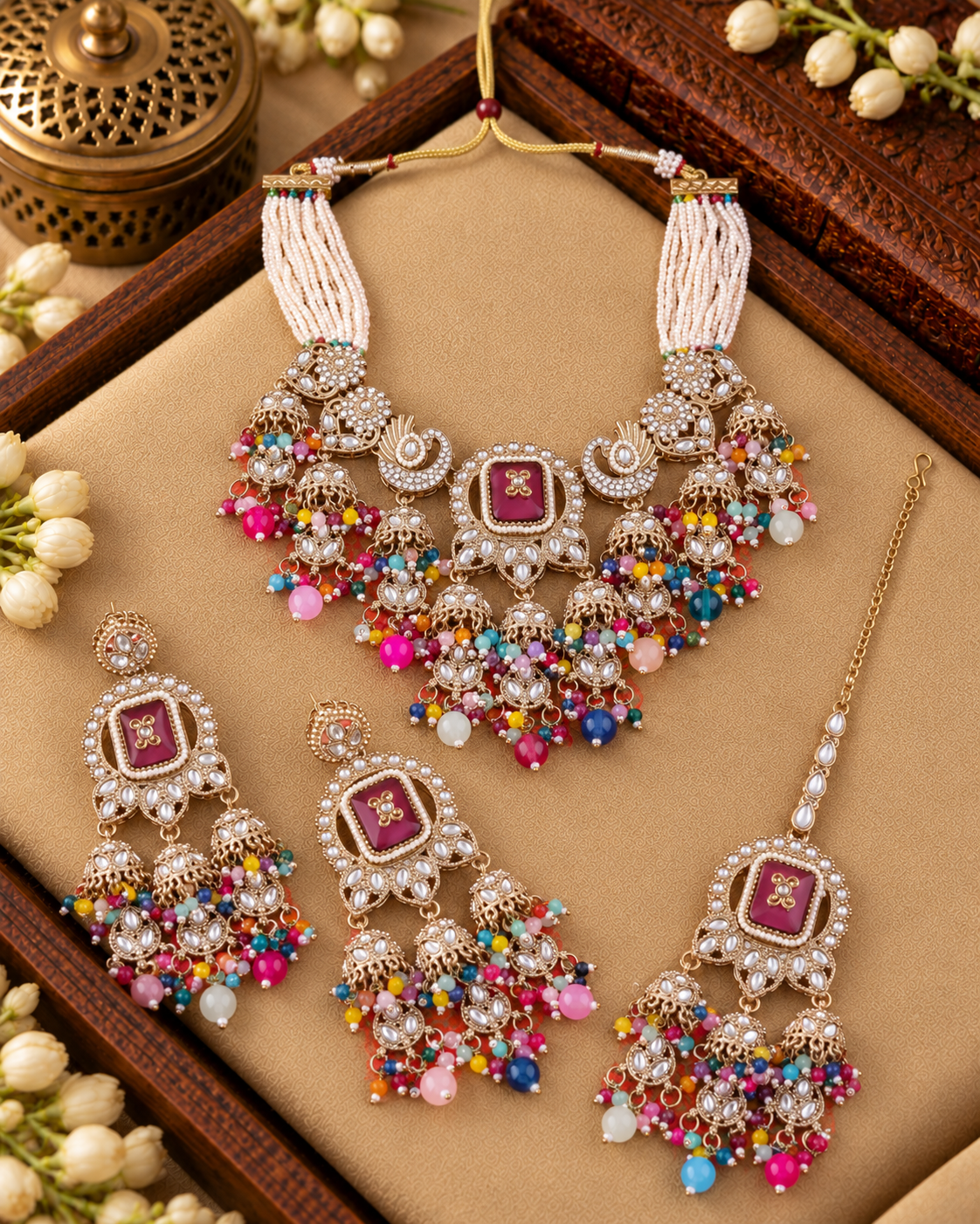 Multi Ruhisha Premium Sabya Inspired Monalisa Necklace Set with Earring & Teeka
