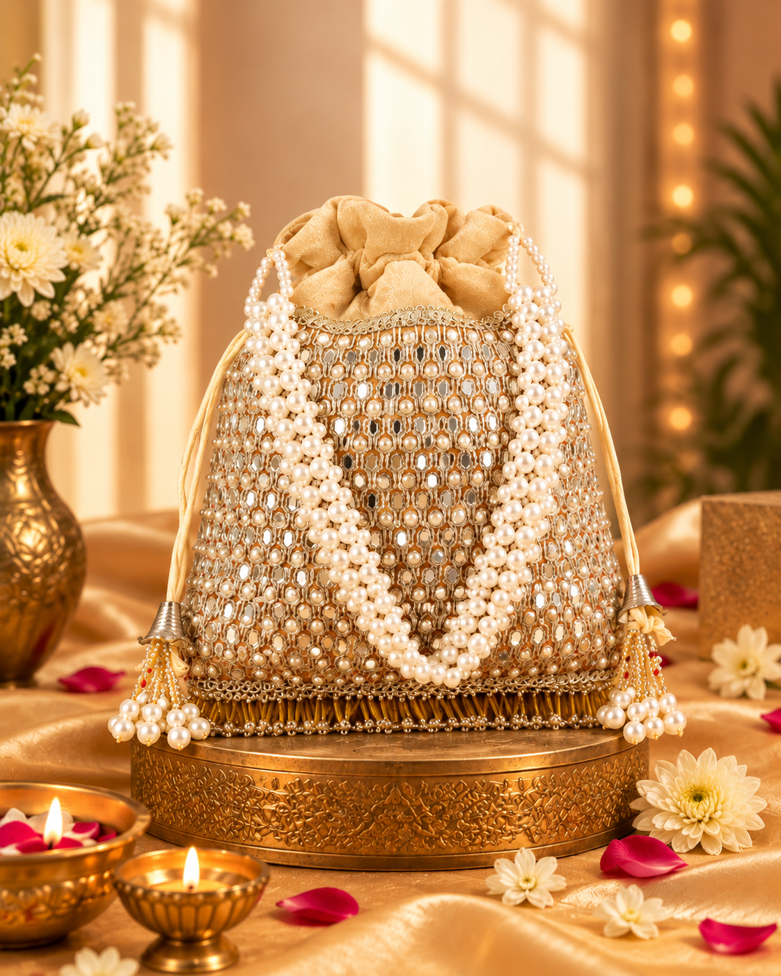 Golden Aarshita Ethnic Mirror Pearl Batua Bag