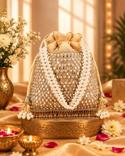 Golden Aarshita Ethnic Mirror Pearl Batua Bag