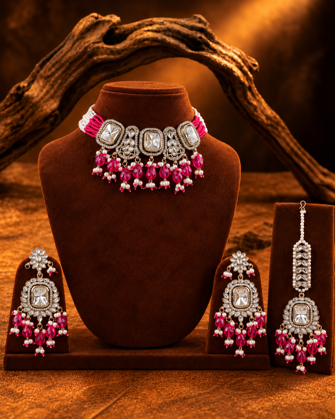 Pink Vrishtika Premium Polki Dupe Choker Necklace With Earring & Teeka