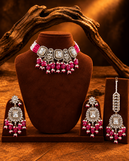 Pink Vrishtika Premium Polki Dupe Choker Necklace With Earring & Teeka