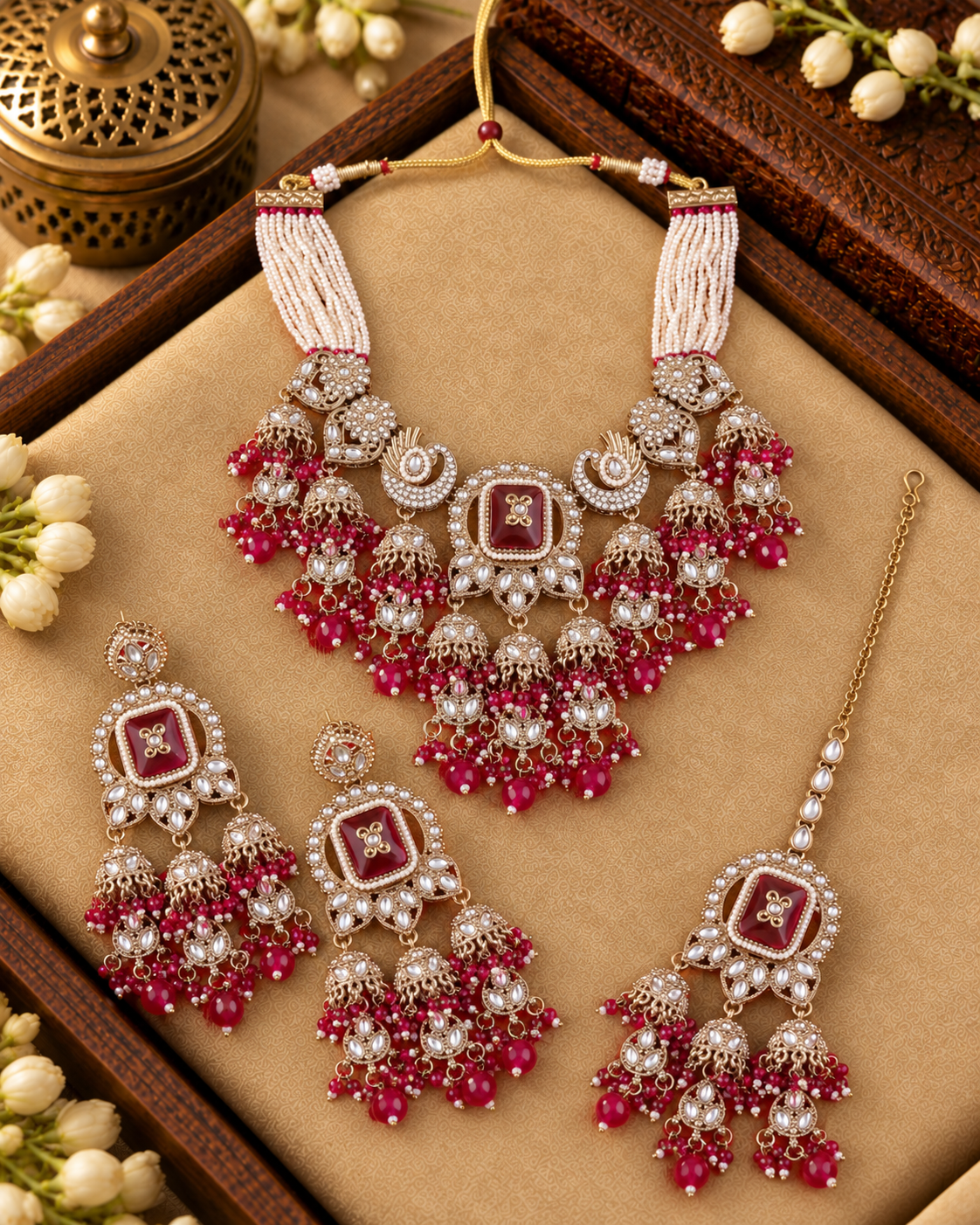 Pink Ruhisha Premium Sabya Inspired Monalisa Necklace Set with Earring & Teeka