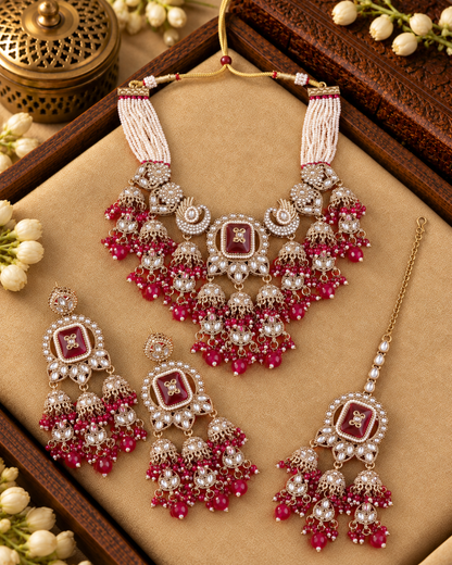 Pink Ruhisha Premium Sabya Inspired Monalisa Necklace Set with Earring & Teeka