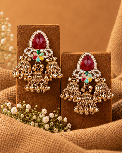 Red Yuvanshika Kashmiri Look Ghunghru Jhumki Earring
