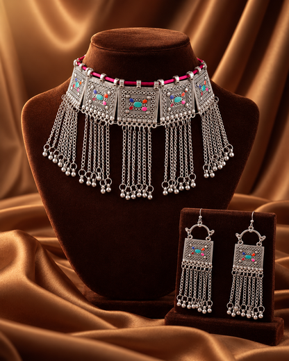 Multi Roohzaadi Oxidised Necklace Set With Earring