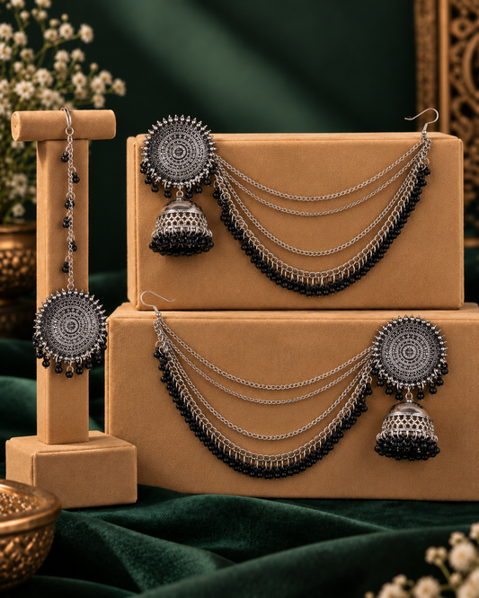 Zarminah Oxidised KaanChain Earrings With Teeka