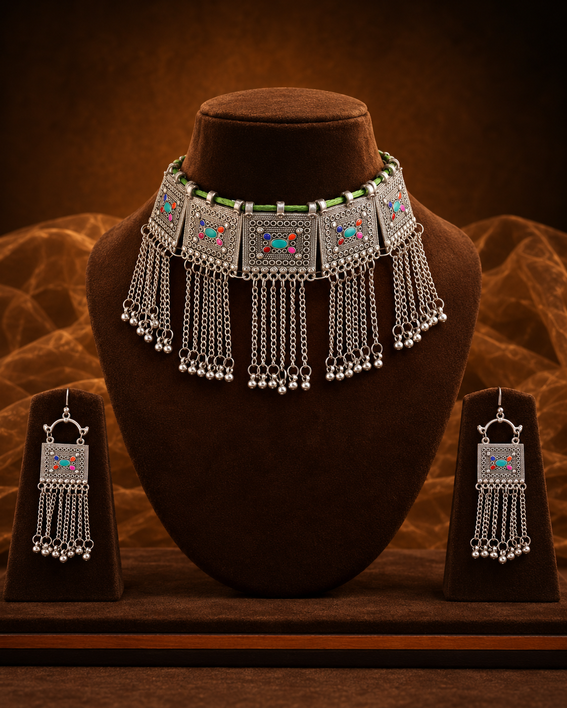 Multi Roohzaadi Oxidised Necklace Set With Earring