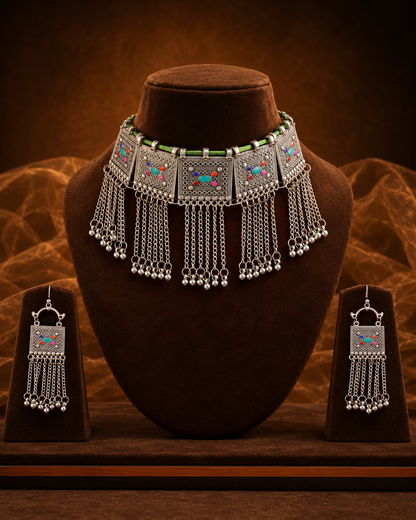 Multi Roohzaadi Oxidised Necklace Set With Earring