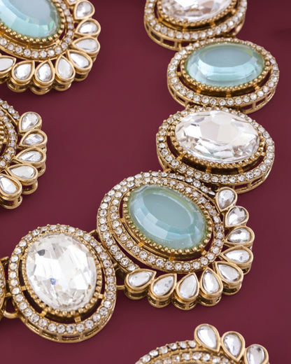 Turquoise Parnika Premium Polki Dupe Necklace with Earring and Mangteeka