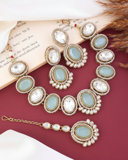 Turquoise Parnika Premium Polki Dupe Necklace with Earring and Mangteeka