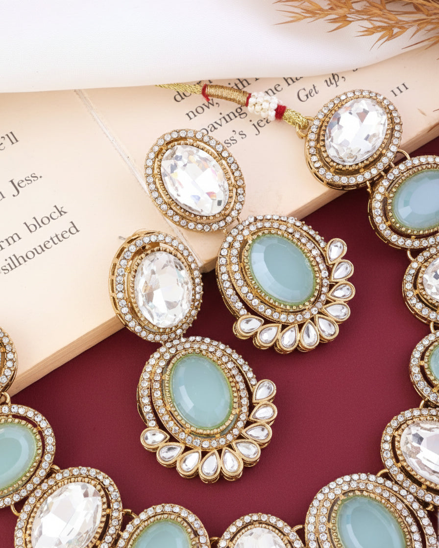 Turquoise Parnika Premium Polki Dupe Necklace with Earring and Mangteeka