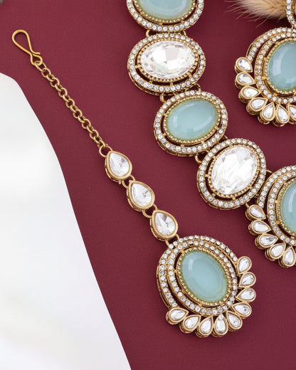 Turquoise Parnika Premium Polki Dupe Necklace with Earring and Mangteeka