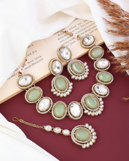 Mint Parnika Premium Polki Dupe Necklace with Earring and Mangteeka