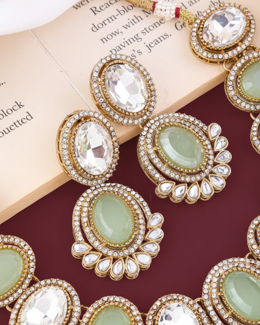 Mint Parnika Premium Polki Dupe Necklace with Earring and Mangteeka