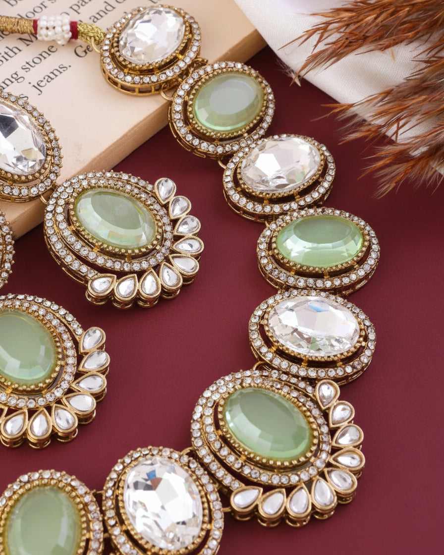 Mint Parnika Premium Polki Dupe Necklace with Earring and Mangteeka