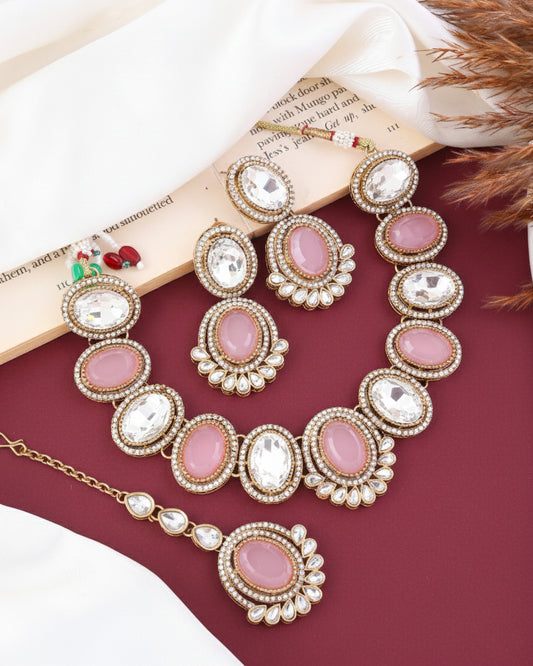 Blush Parnika Premium Polki Dupe Necklace with Earring and Mangteeka