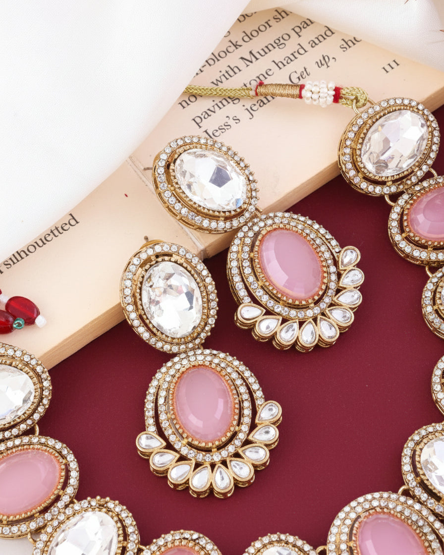 Blush Parnika Premium Polki Dupe Necklace with Earring and Mangteeka