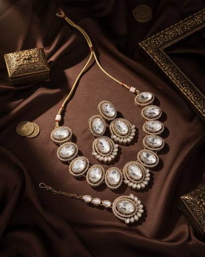 Silver Parnika Premium Polki Dupe Necklace with Earring and Mangteeka