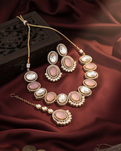Blush Parnika Premium Polki Dupe Necklace with Earring and Mangteeka