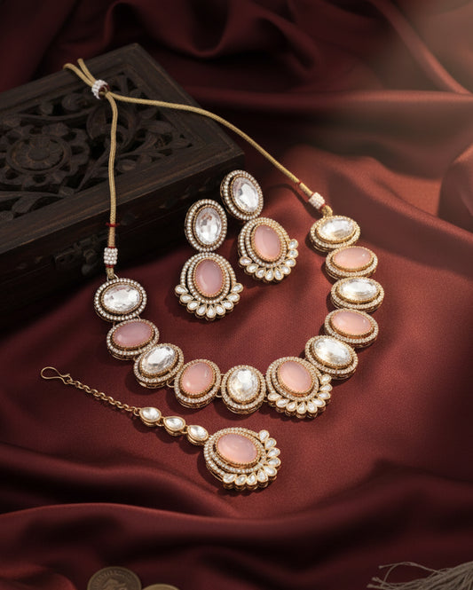 Blush Parnika Premium Polki Dupe Necklace with Earring and Mangteeka