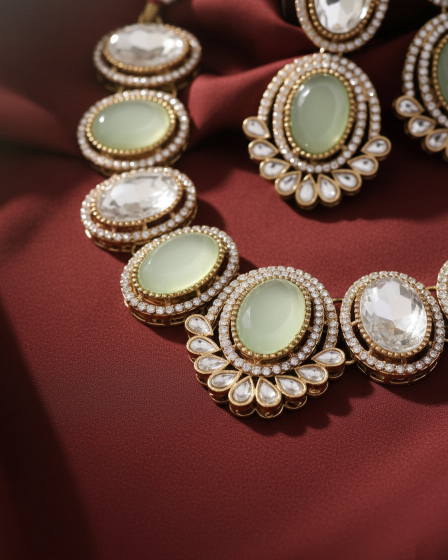 Mint Parnika Premium Polki Dupe Necklace with Earring and Mangteeka