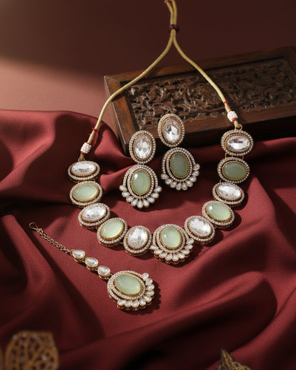 Mint Parnika Premium Polki Dupe Necklace with Earring and Mangteeka