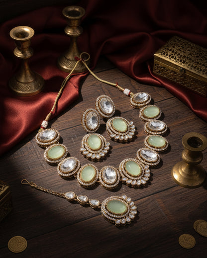 Mint Parnika Premium Polki Dupe Necklace with Earring and Mangteeka