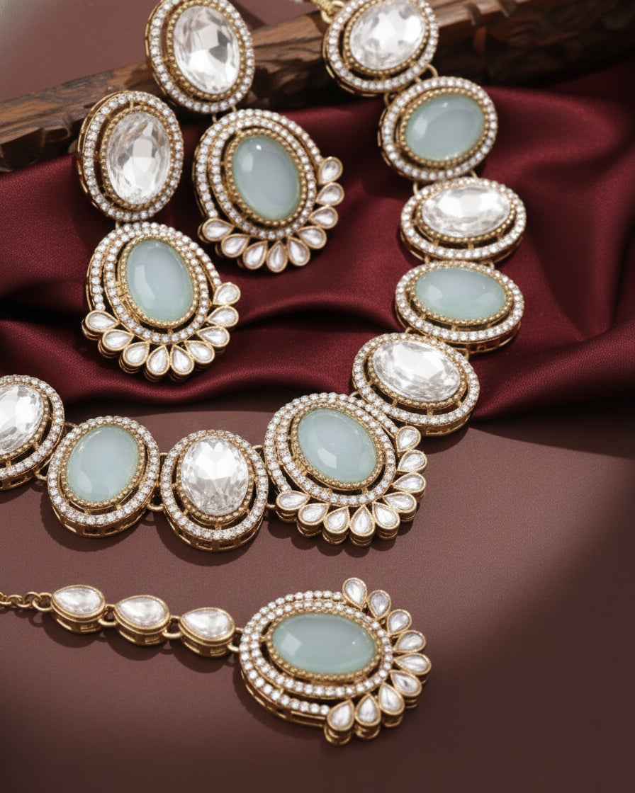 Turquoise Parnika Premium Polki Dupe Necklace with Earring and Mangteeka