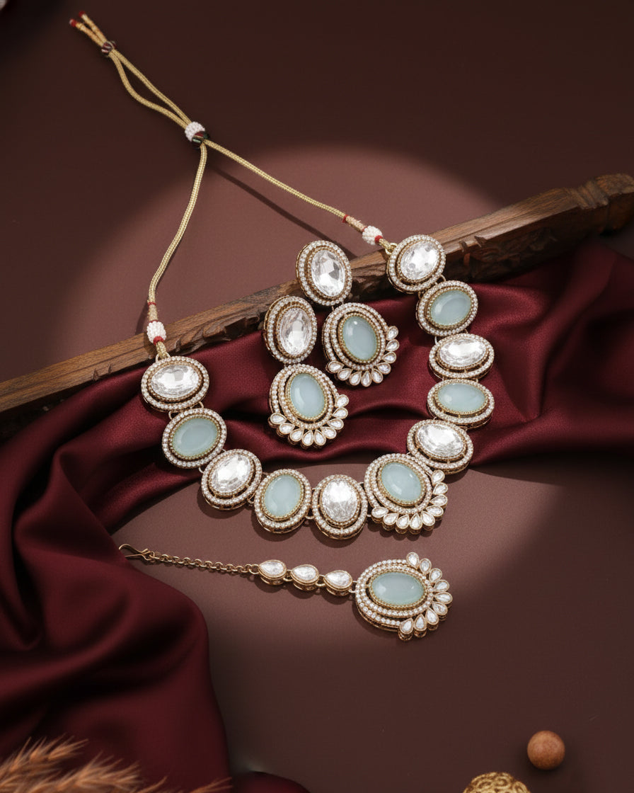 Turquoise Parnika Premium Polki Dupe Necklace with Earring and Mangteeka