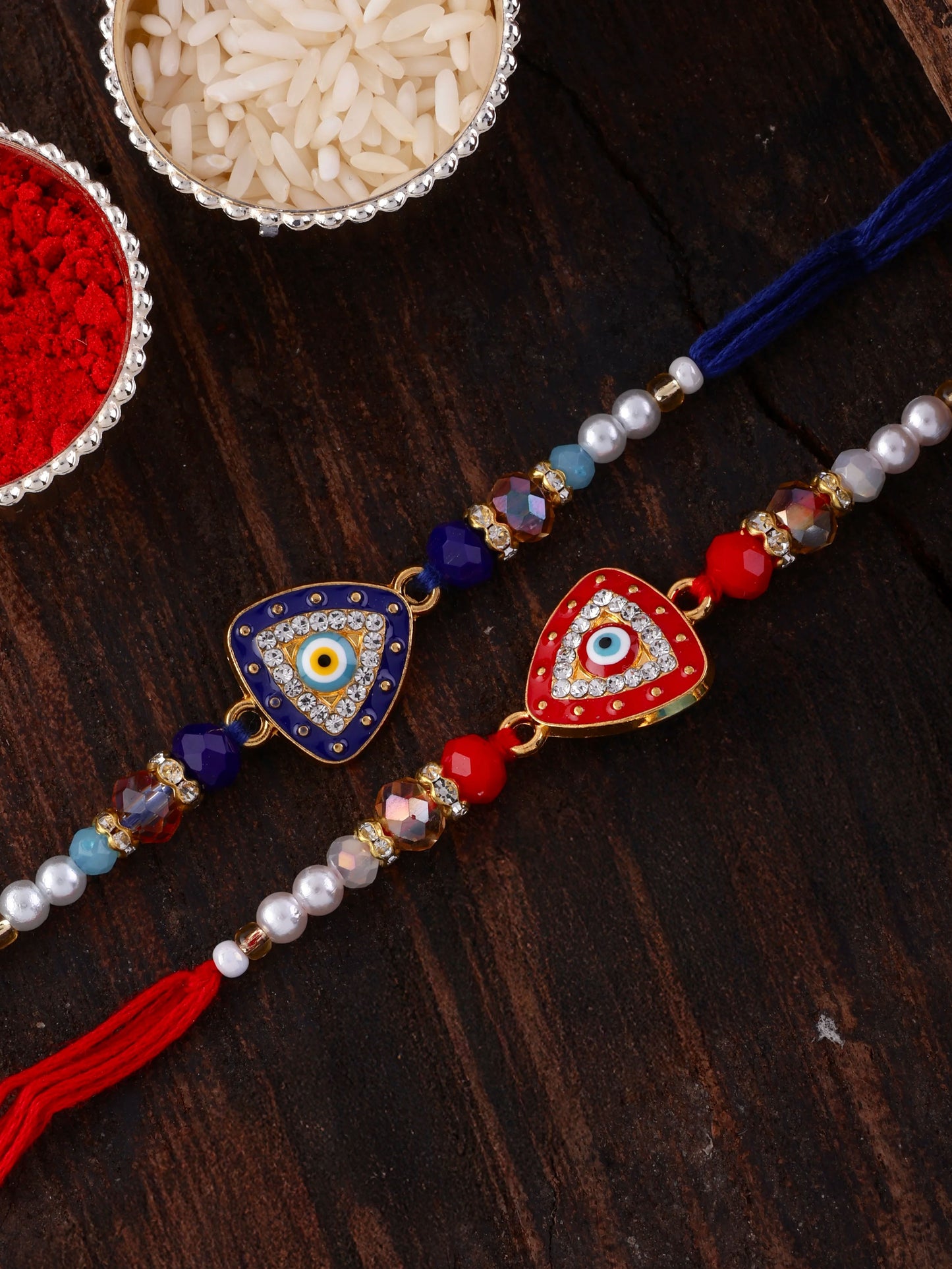 Red - Blue Drishta Evil Eye Rakhi for Brother | Tilak Set Included
