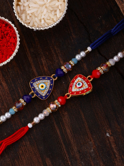 Red - Blue Drishta Evil Eye Rakhi for Brother | Tilak Set Included