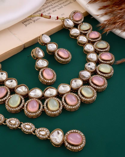 Pastel Arshiya Premium Polki Dupe Necklace with Earring and Teeka