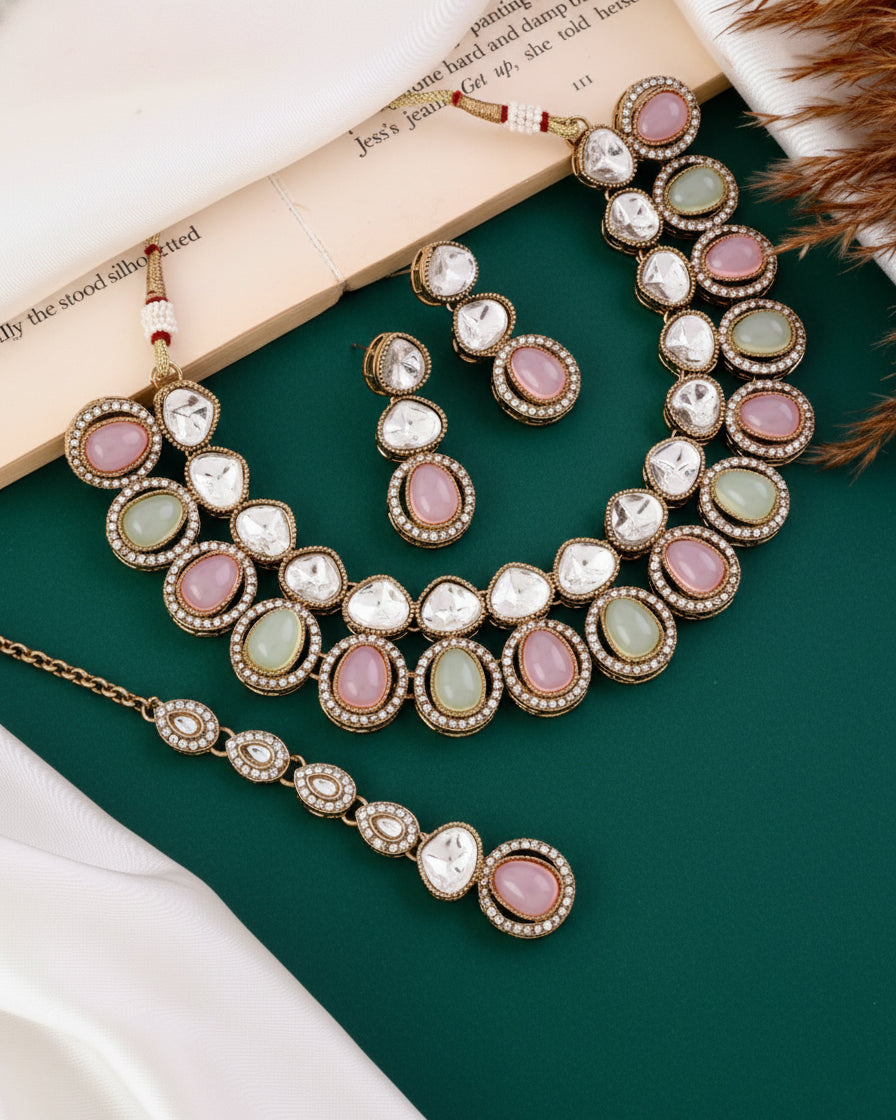 Pastel Arshiya Premium Polki Dupe Necklace with Earring and Teeka