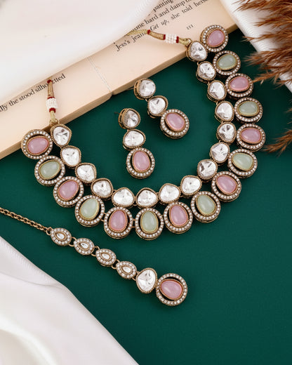 Pastel Arshiya Premium Polki Dupe Necklace with Earring and Teeka