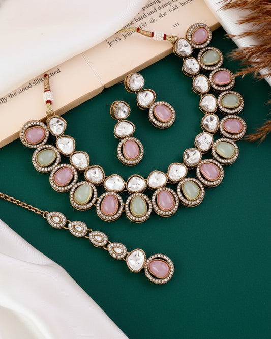Pastel Arshiya Premium Polki Dupe Necklace with Earring and Teeka