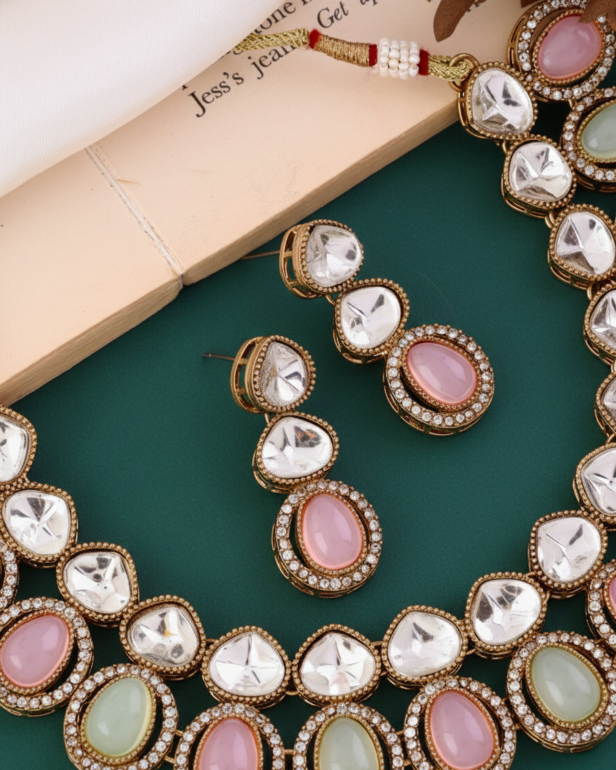 Pastel Arshiya Premium Polki Dupe Necklace with Earring and Teeka