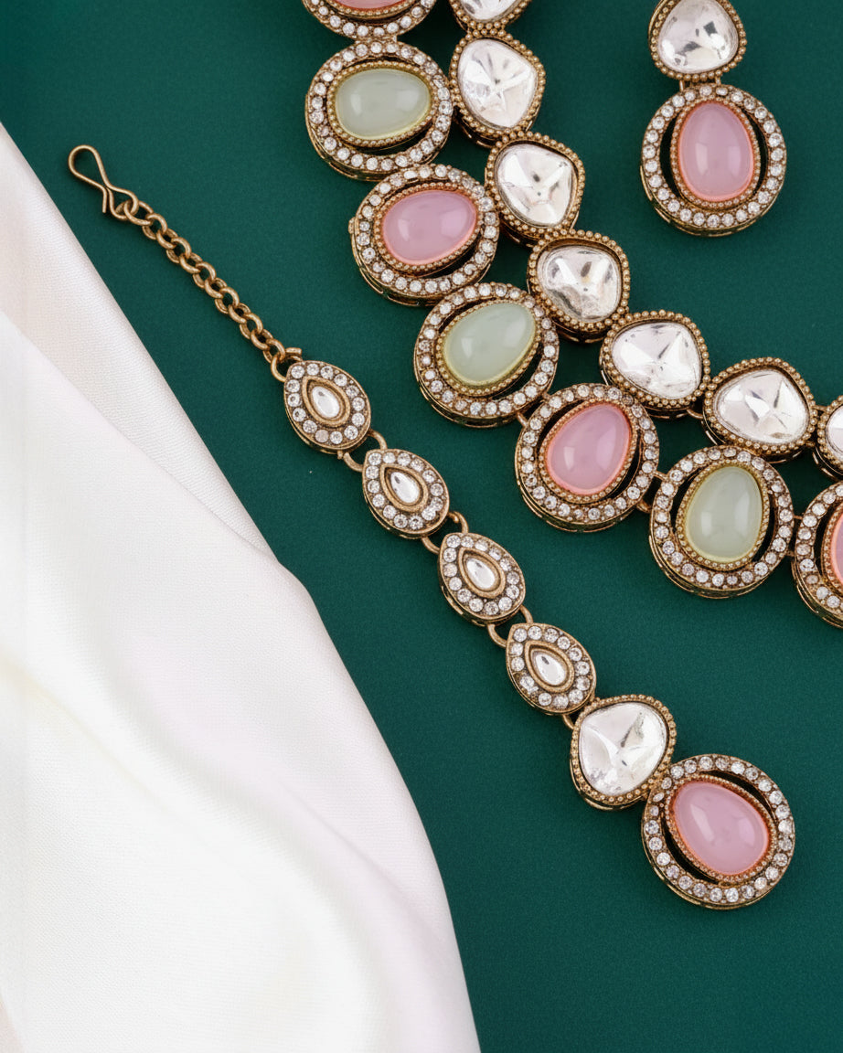 Pastel Arshiya Premium Polki Dupe Necklace with Earring and Teeka