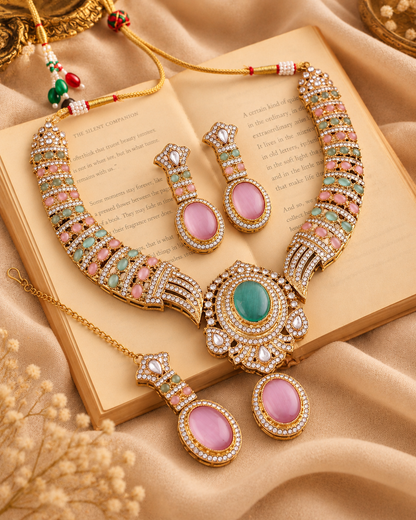 Pastel Saumili Premium Sabya Inspired Necklace Set with Earring & Teeka
