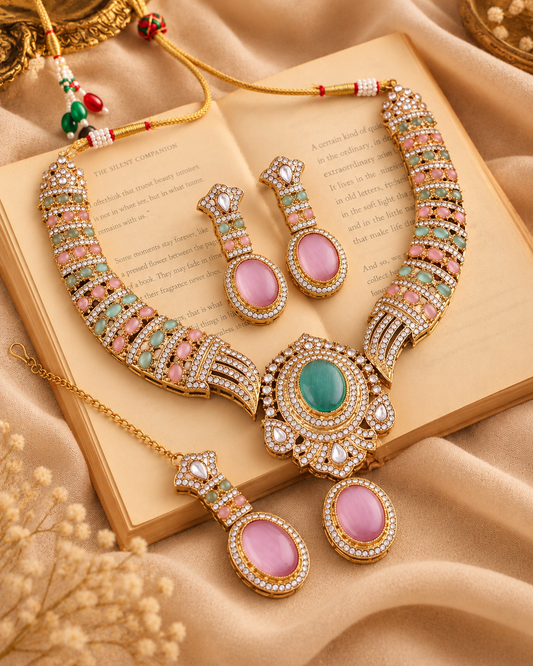 Pastel Saumili Premium Sabya Inspired Necklace Set with Earring & Teeka