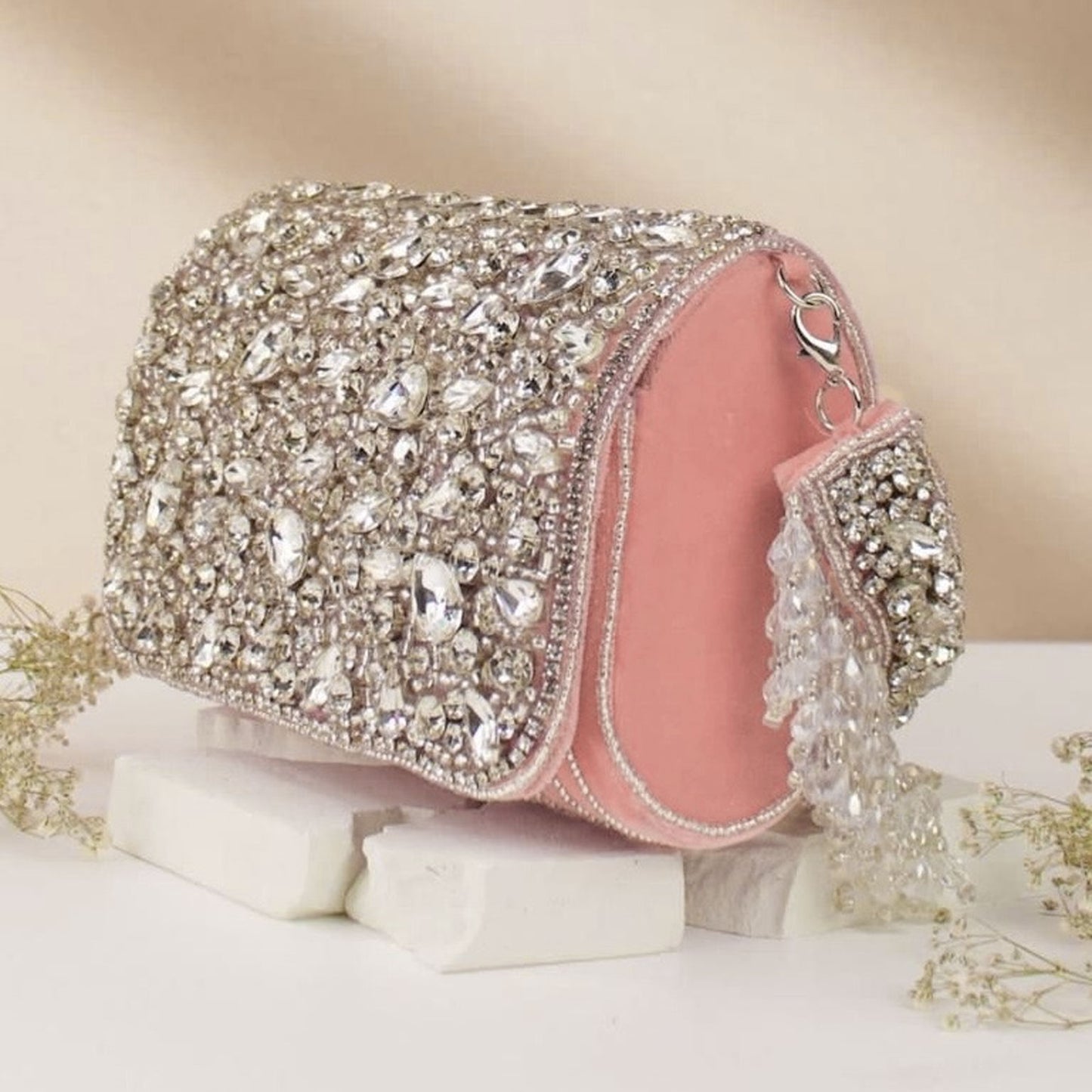 Peach Maria Rhinestone Flap Clutch