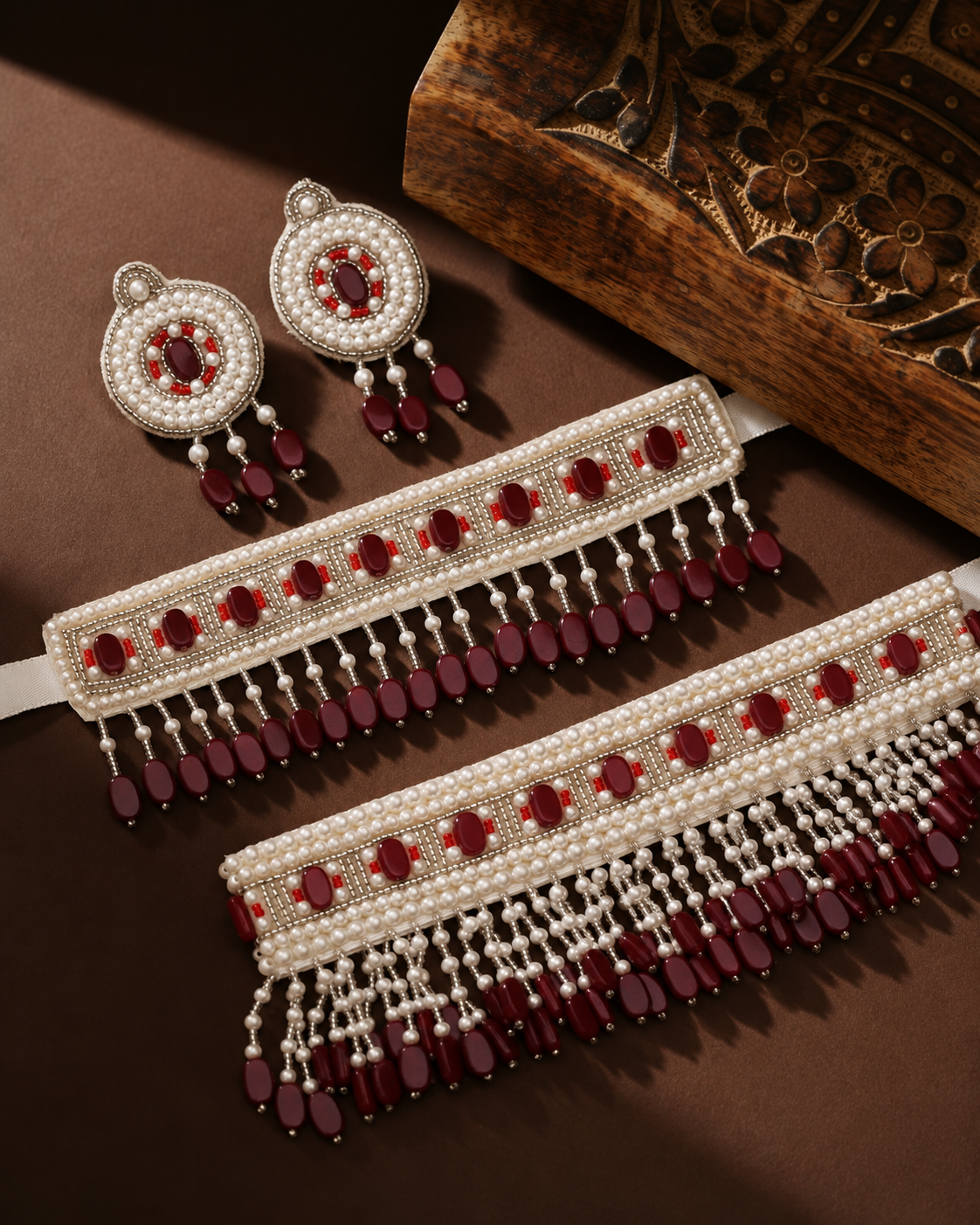 Maroon Tiani Handmade Necklace with Earring and Waist Belt