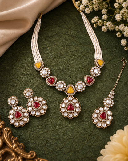Red Yellow Jasneet Premium Zircone Polki Dupe Necklace Set With Earrings & Teeka