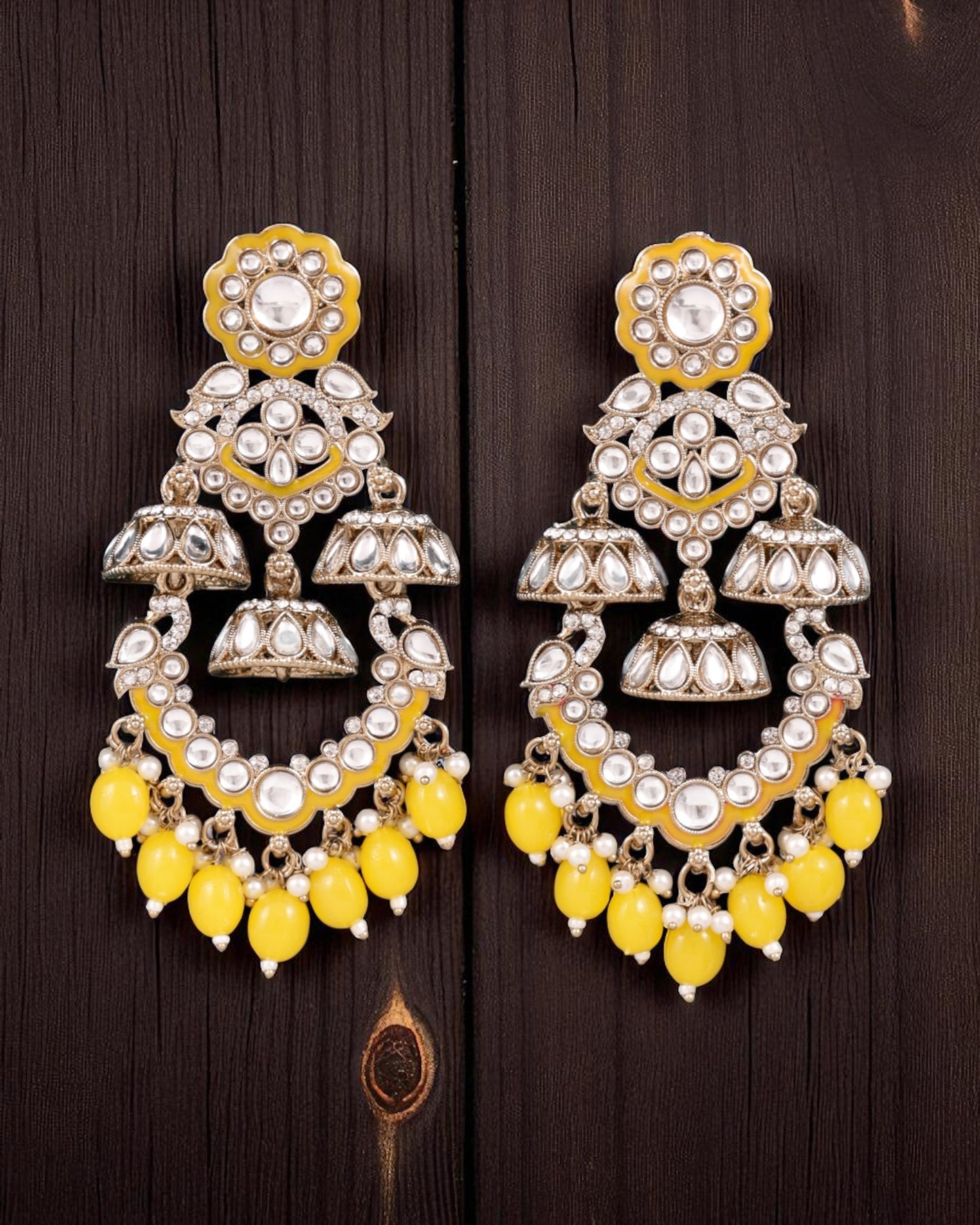 Yellow Taha Meenakari Zircon Jhumki Earring