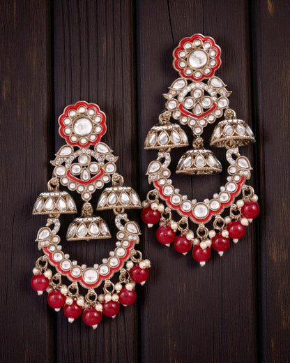 Red Taha Meenakari Zircon Jhumki Earring