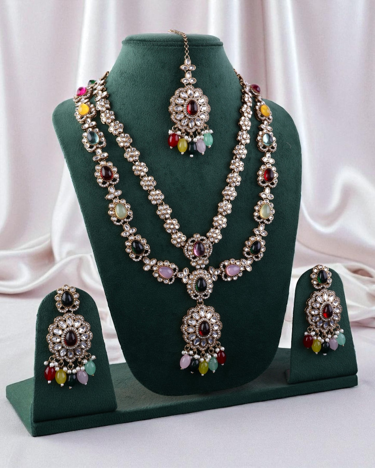 Multi Prabhjot Premium Layer Long Necklace with Earring and Mangteeka